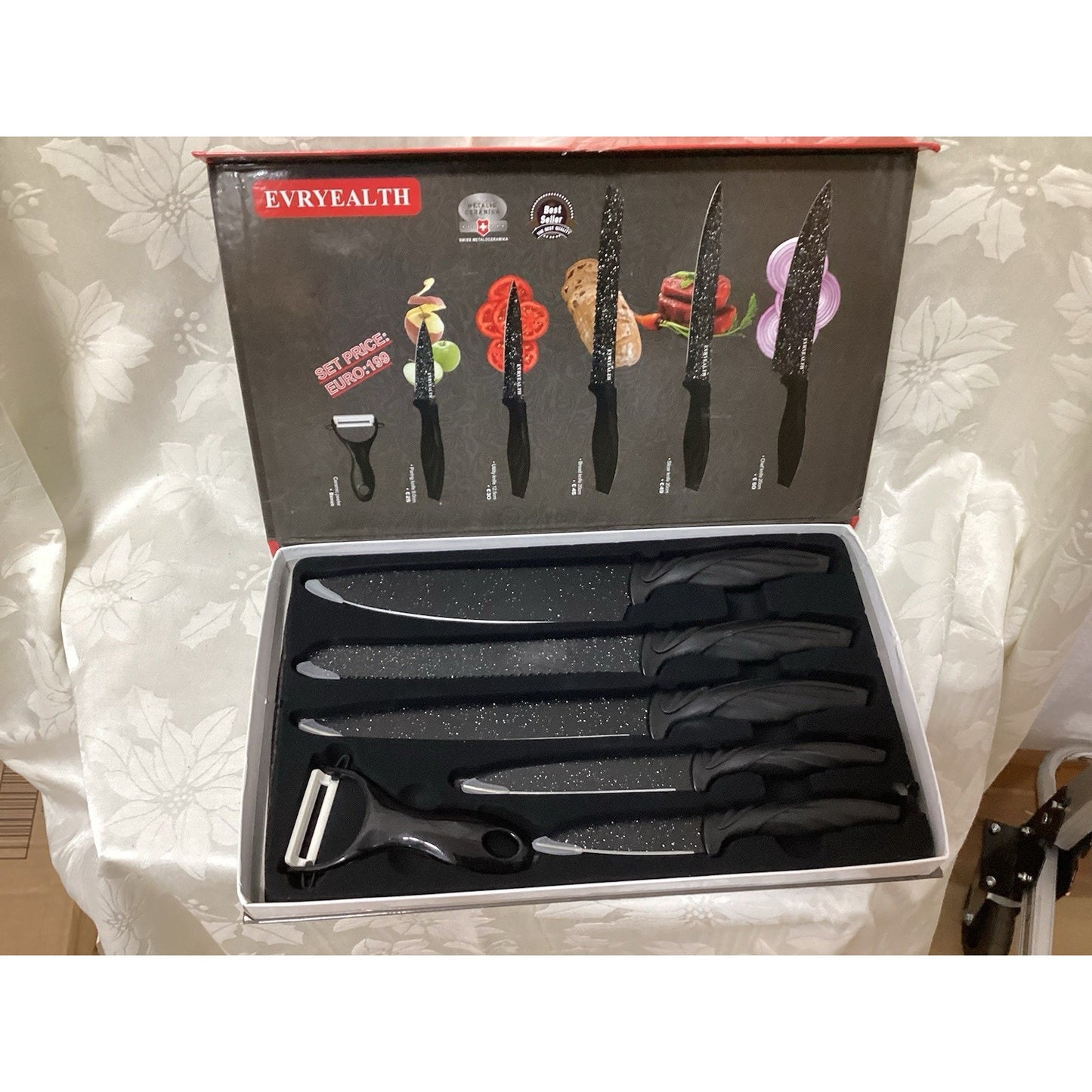 EVRYEALTH 6-Piece Marble Coated Knife Set Chef Bread Paring Peeler T-245