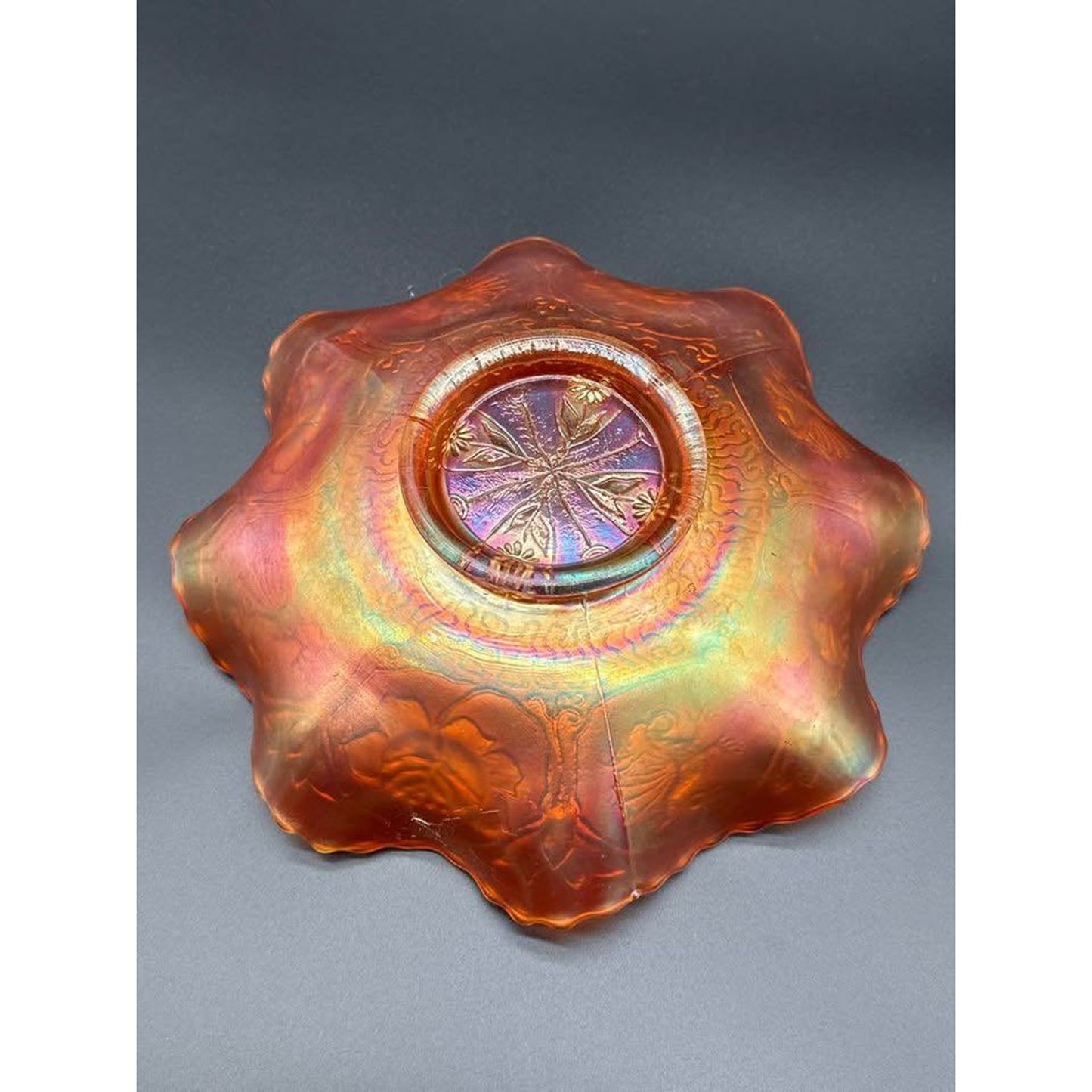Vintage Fenton Marigold Carnival Glass Bowl with Lotus and Dragons