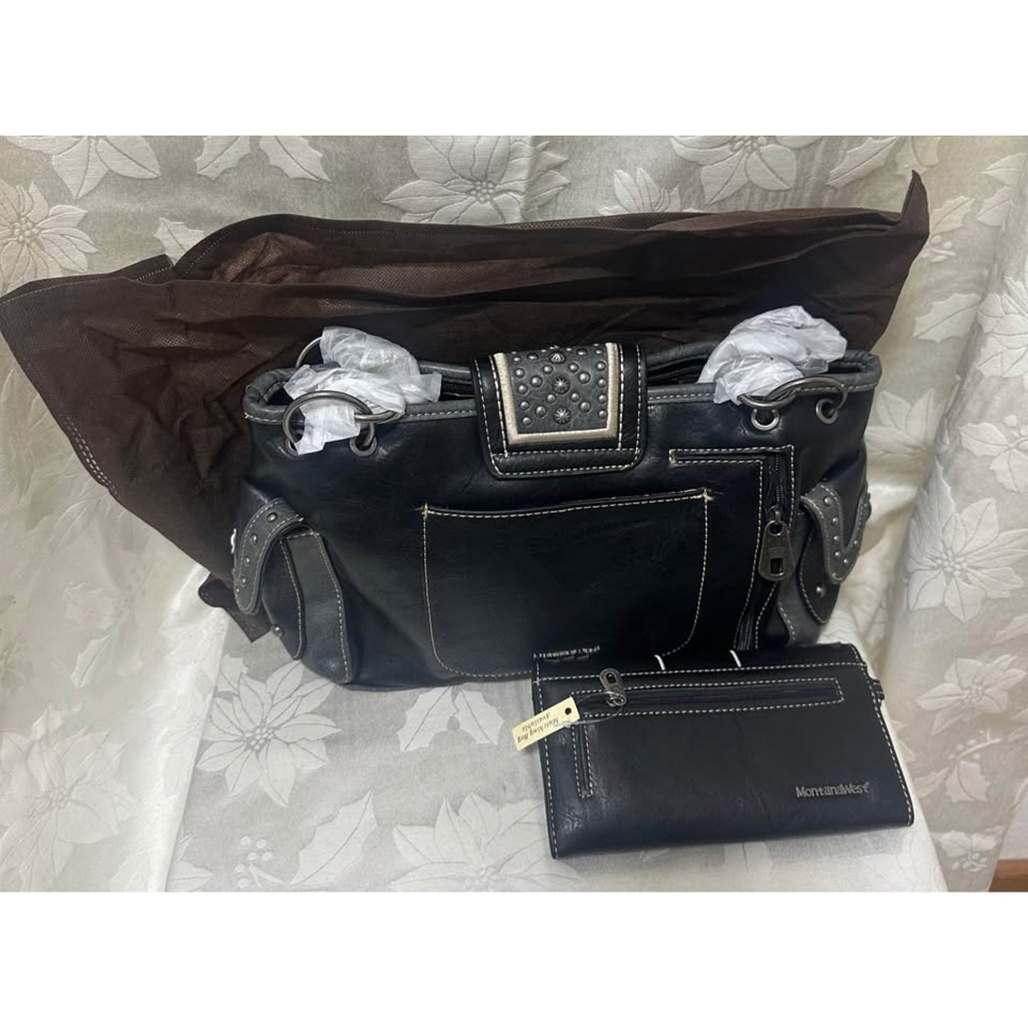 New Montana West Western weekender Handbag & Wallet Set - Studded Turquoise Black B-240