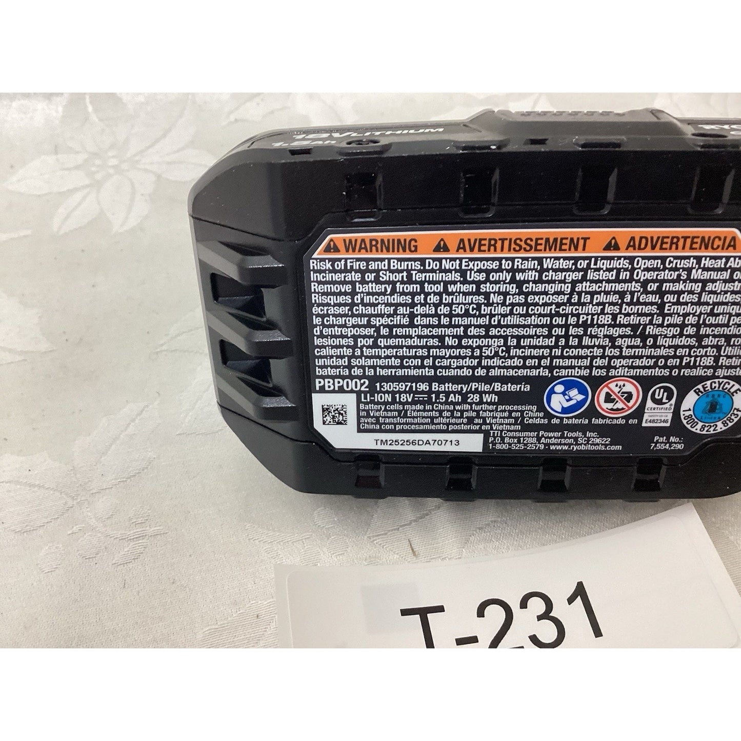 Ryobi ONE+ 18V Lithium-Ion Battery PBP002 1.5Ah Black Power Tool T-231