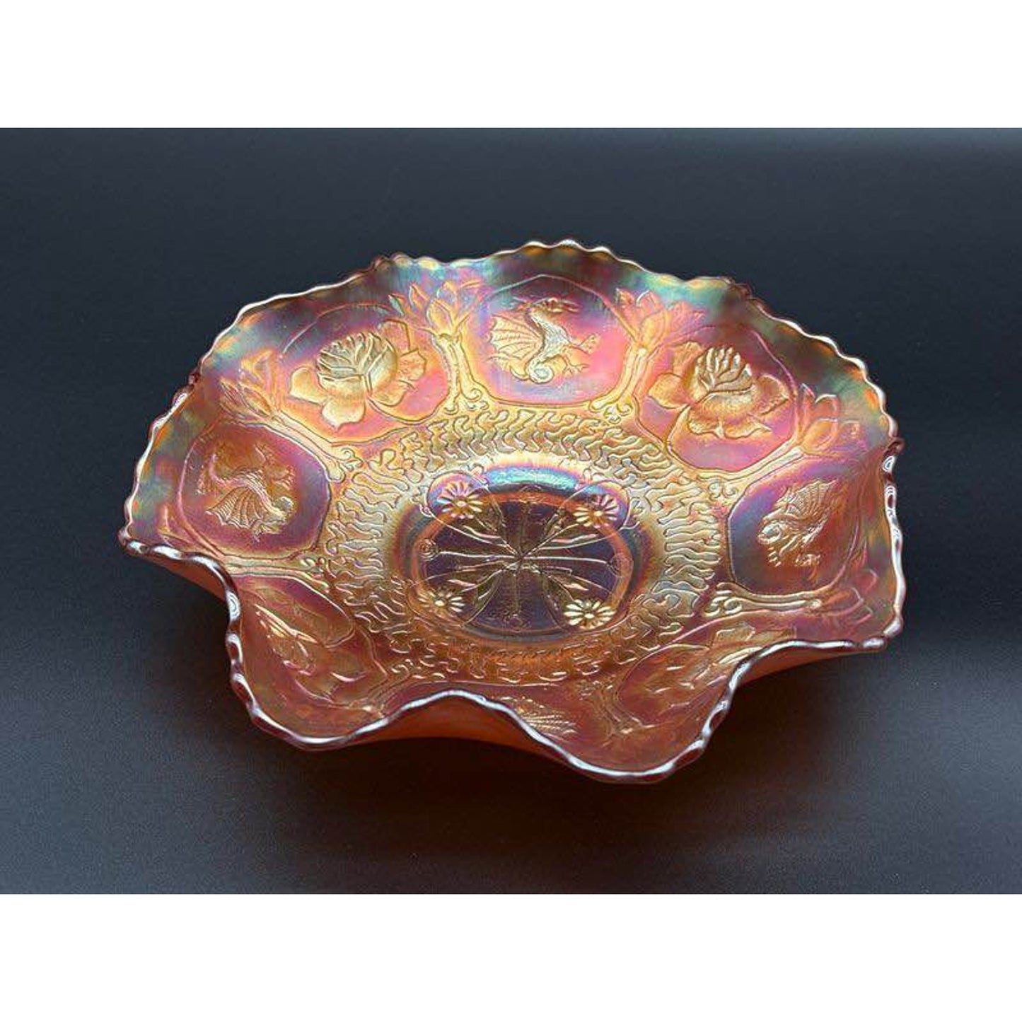 Vintage Fenton Marigold Carnival Glass Bowl with Lotus and Dragons