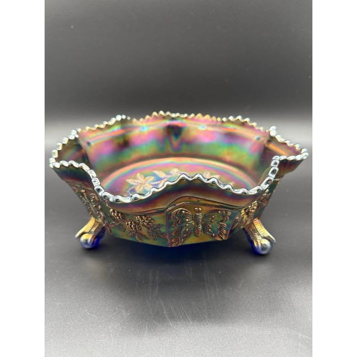 Fenton Blue Carnival Glass Butterfly And Berry Footed Bowl