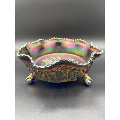 Fenton Blue Carnival Glass Butterfly And Berry Footed Bowl
