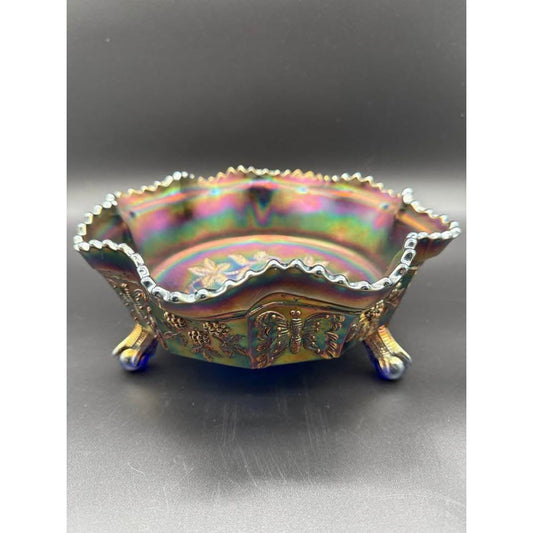Fenton Blue Carnival Glass Butterfly And Berry Footed Bowl