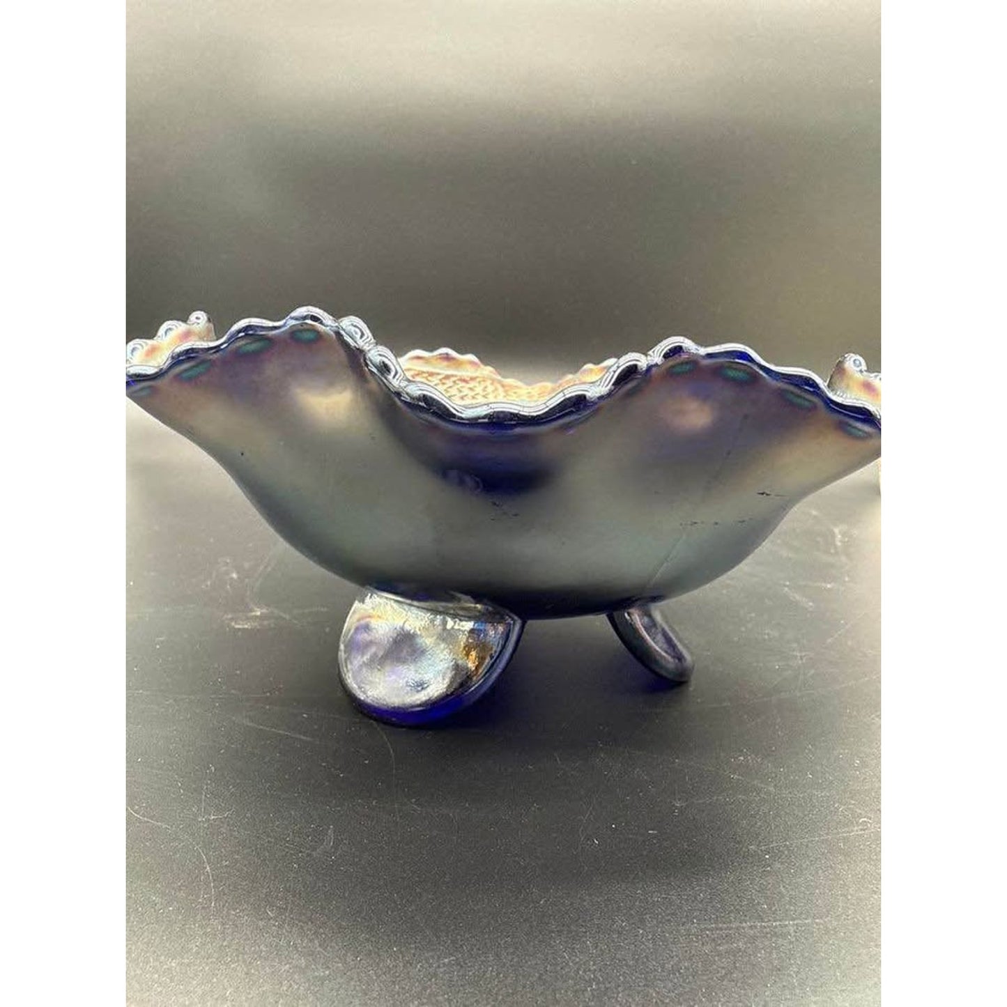 Fenton Carnival Glass 7-1/2 Inch Ruffled Rim Bowl With Three Spatula Feetn