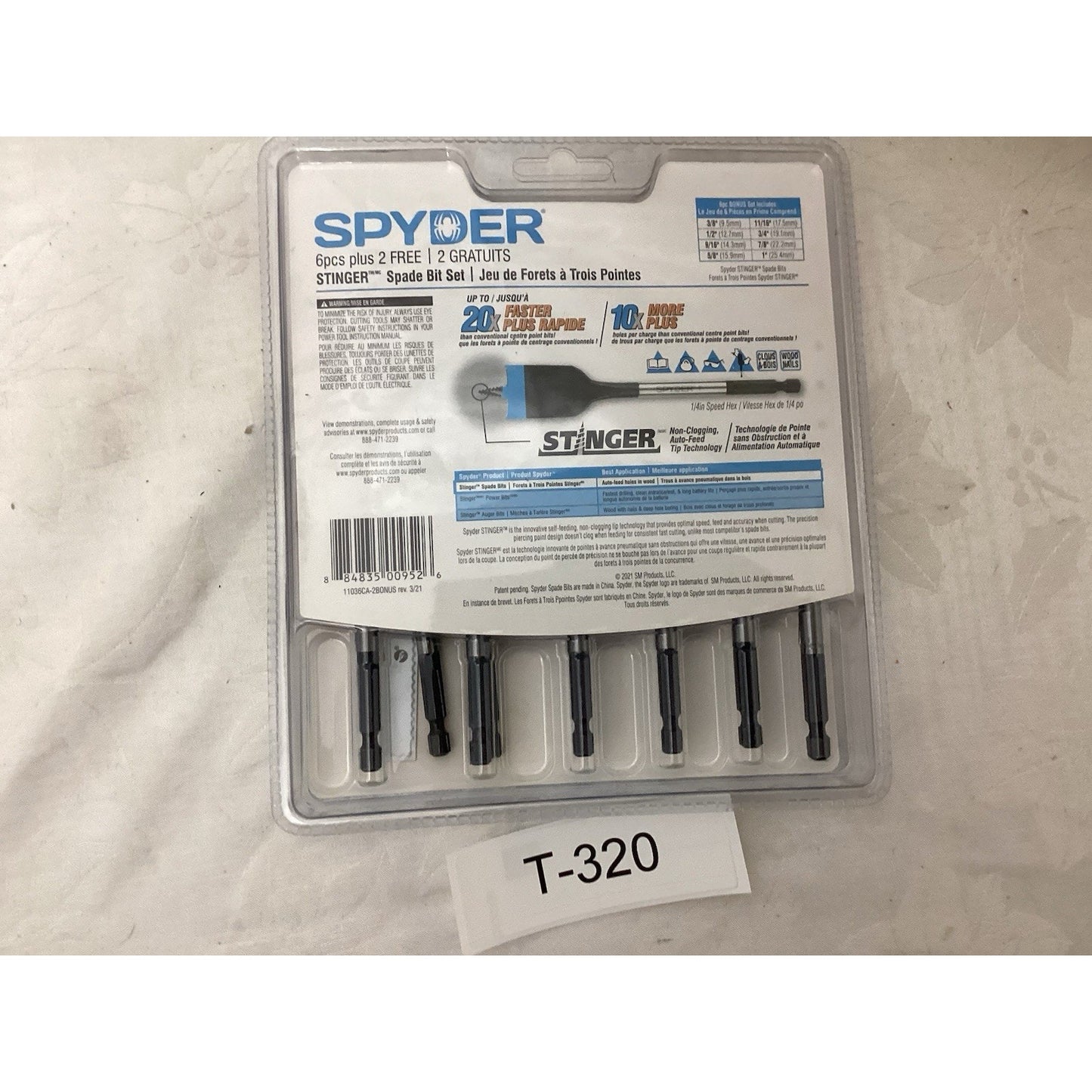 Spyder Stinger Spade Steel Drill Bit Set for Wood, 8-Pc Set, Qty 8 T-320
