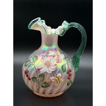 Hand-Painted Iridescent Art Glass Floral Pitcher w/ Handle 8 in Pink/Green