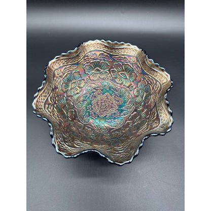 Fenton Carnival Glass 7-1/2 Inch Ruffled Rim Bowl With Three Spatula Feetn