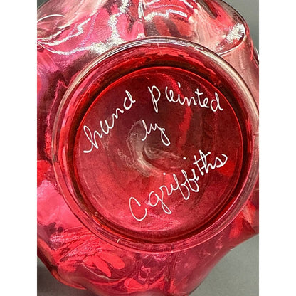 Crissittes Hand Painted Pink Floral Glass Vase 9 in Signed Decorative