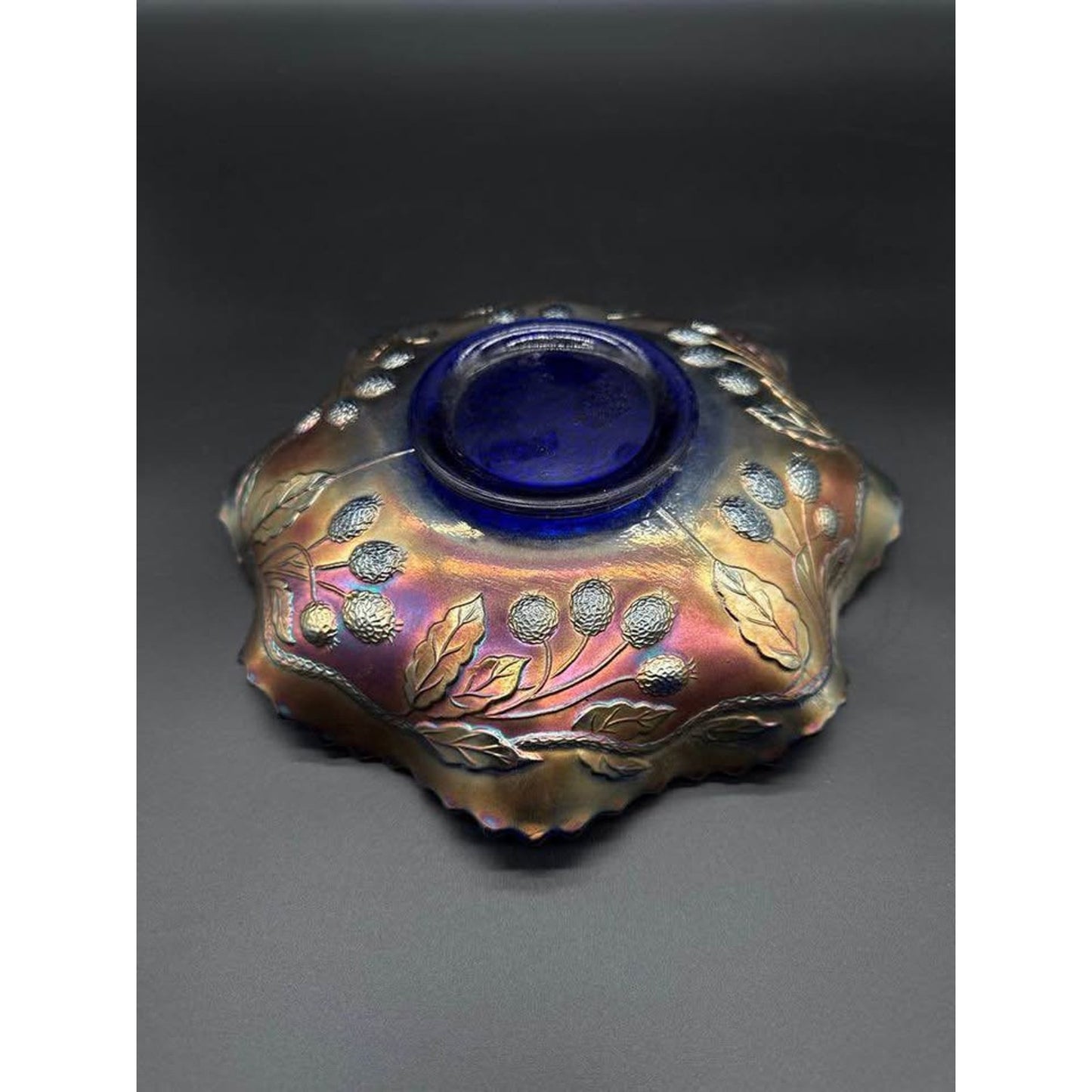 Fenton Orange Tree Pattern Blue Carnival Glass Bowl