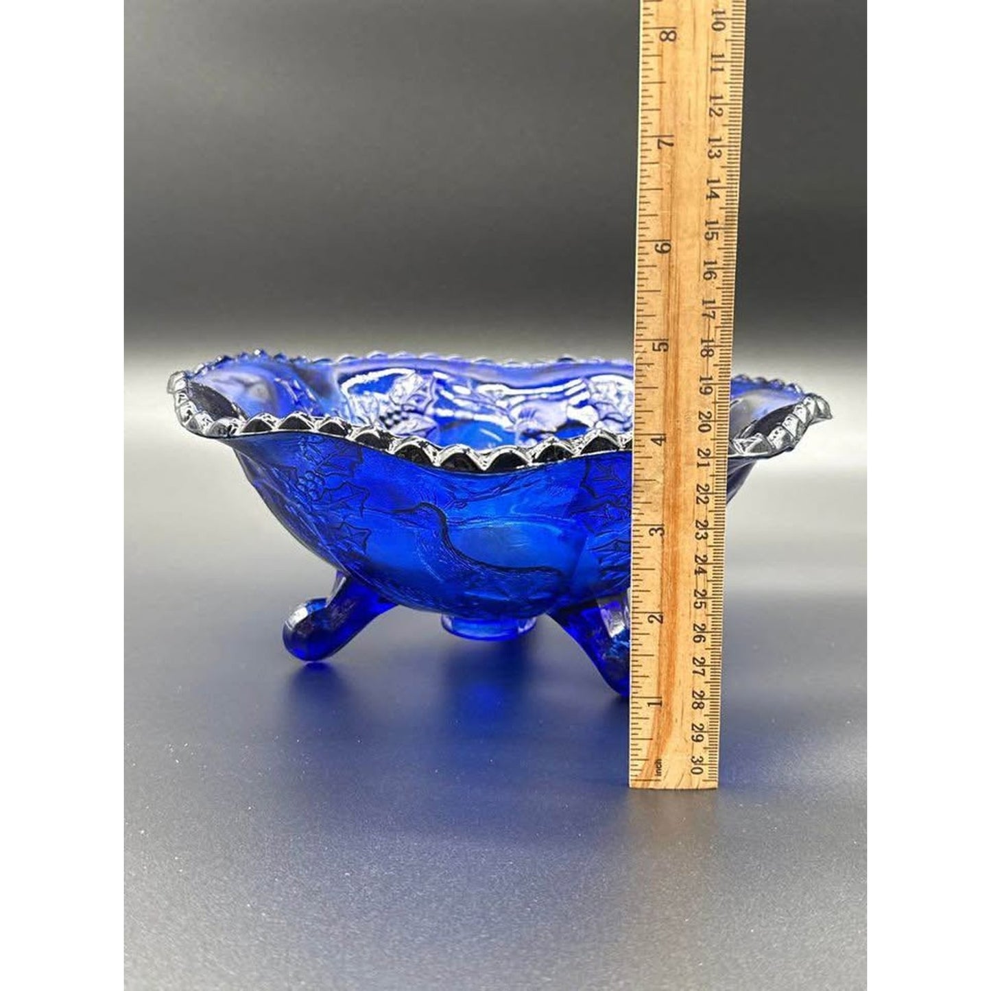 Vintage Fenton Cobalt Blue Stag and Holly 3-Footed Bowl