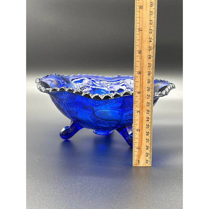 Vintage Fenton Cobalt Blue Stag and Holly 3-Footed Bowl