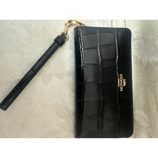 Preloved Coach Black Croc Embossed Wallet Wristlet  B292