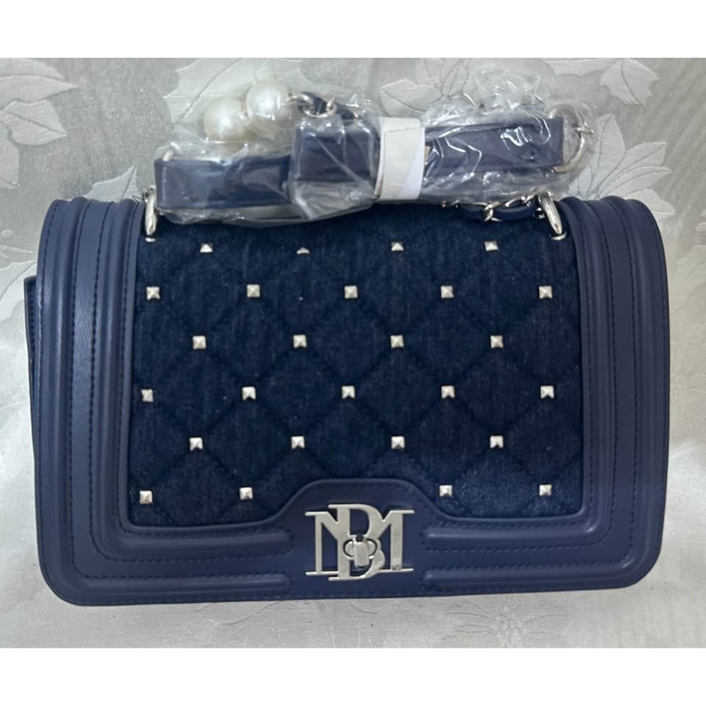Badgley Mischka Denim Diamond Quilted Crossbody Bag. B158-9590