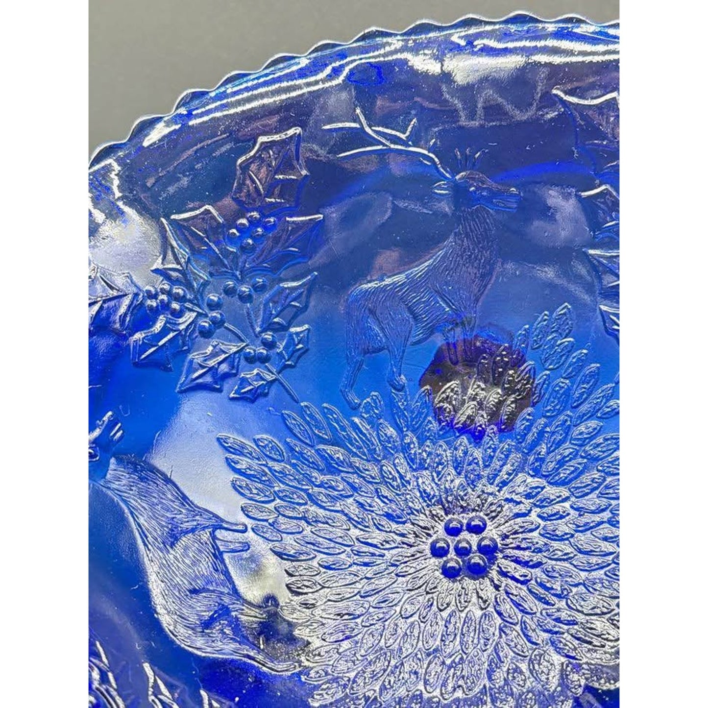 Vintage Fenton Cobalt Blue Stag and Holly 3-Footed Bowl