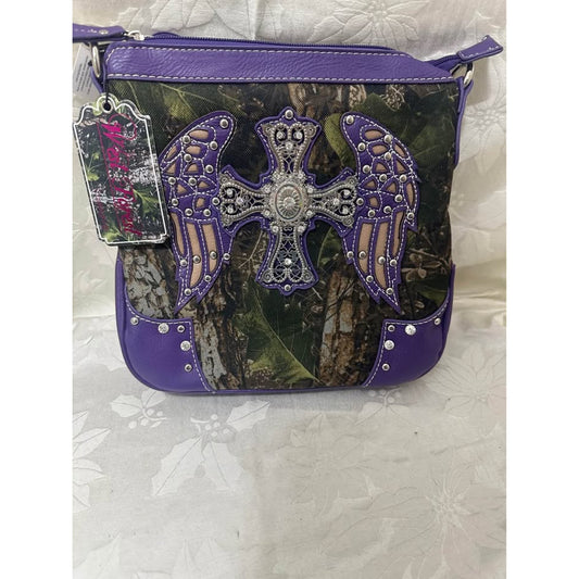 New Purple camo cross purse with bling winged cross. B-320
