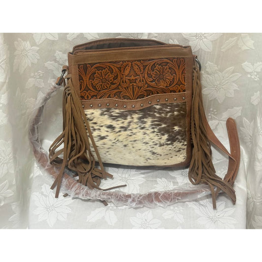 Tooled Leath & Cowhide Frng Crossbody w/conceal  PKT B186