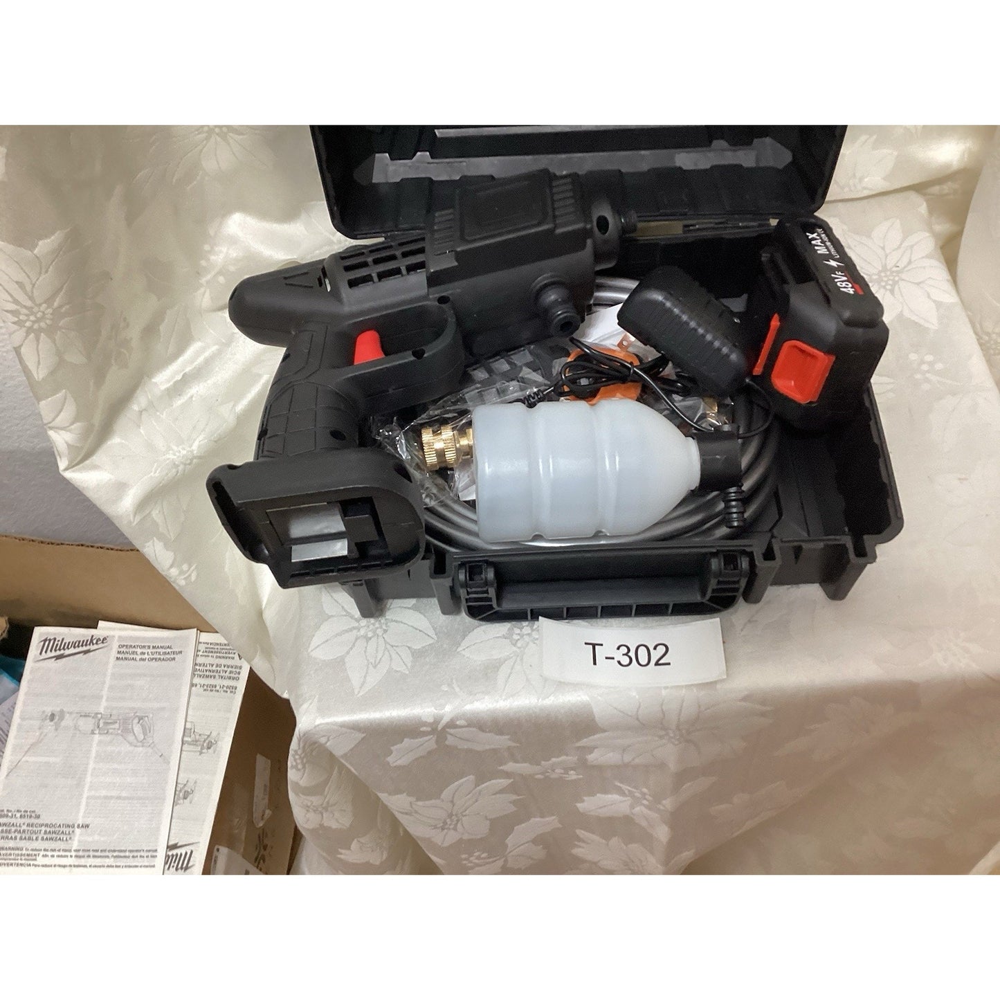 T-302 48V Cordless Cold Water Pressure Washer Kit with Gun, Battery, Soap Tank