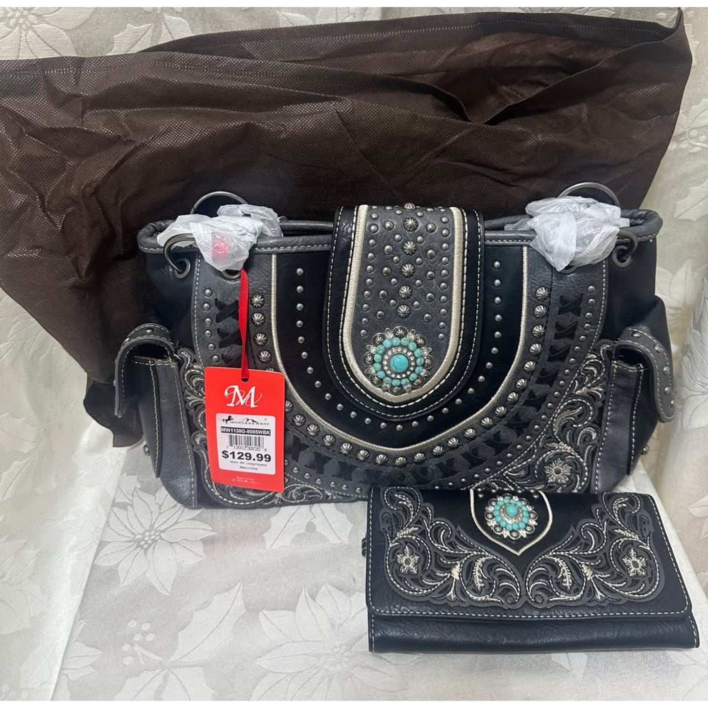 New Montana West Western  weekender Handbag & Wallet Set - Studded Turquoise Black B-240