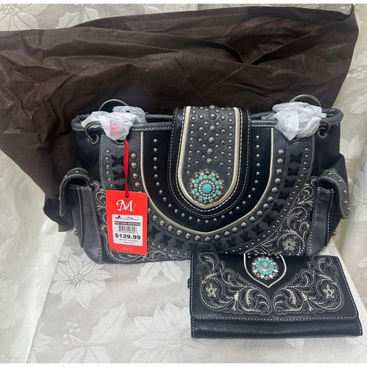 New Montana West Western  weekender Handbag & Wallet Set - Studded Turquoise Black B-240