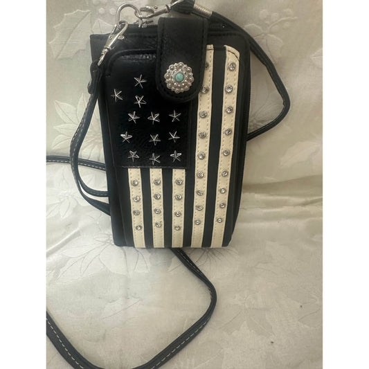 New American Flag Crossb Wall Phone Hold with Rhinst  B-321