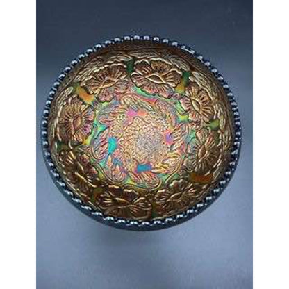 Fenton Carnival Blue Glass Two Flower Three Footed Iridescent Bowl