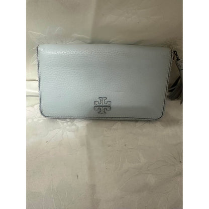 Pre-loved Tory Burch Pale Blue Pebbled Leather Continental Wallet. B-302