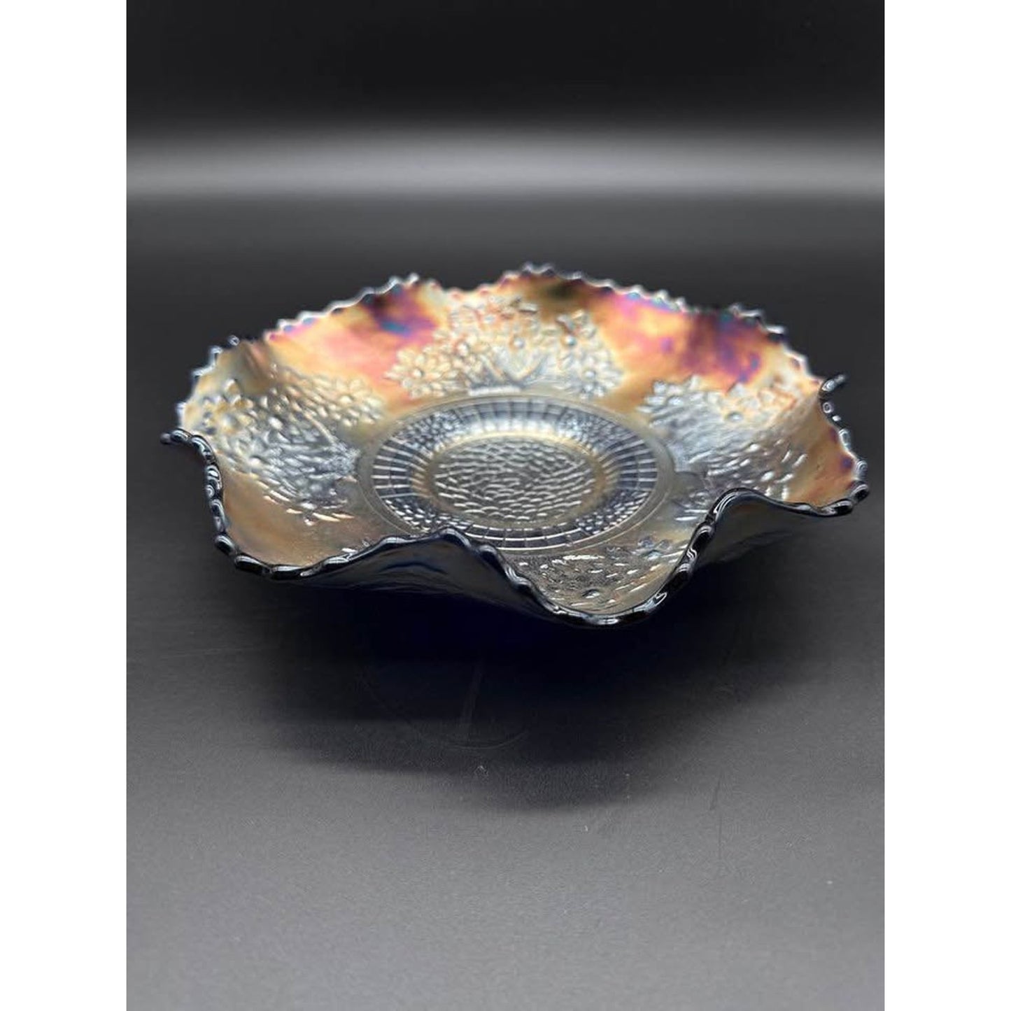 Fenton Orange Tree Pattern Blue Carnival Glass Bowl