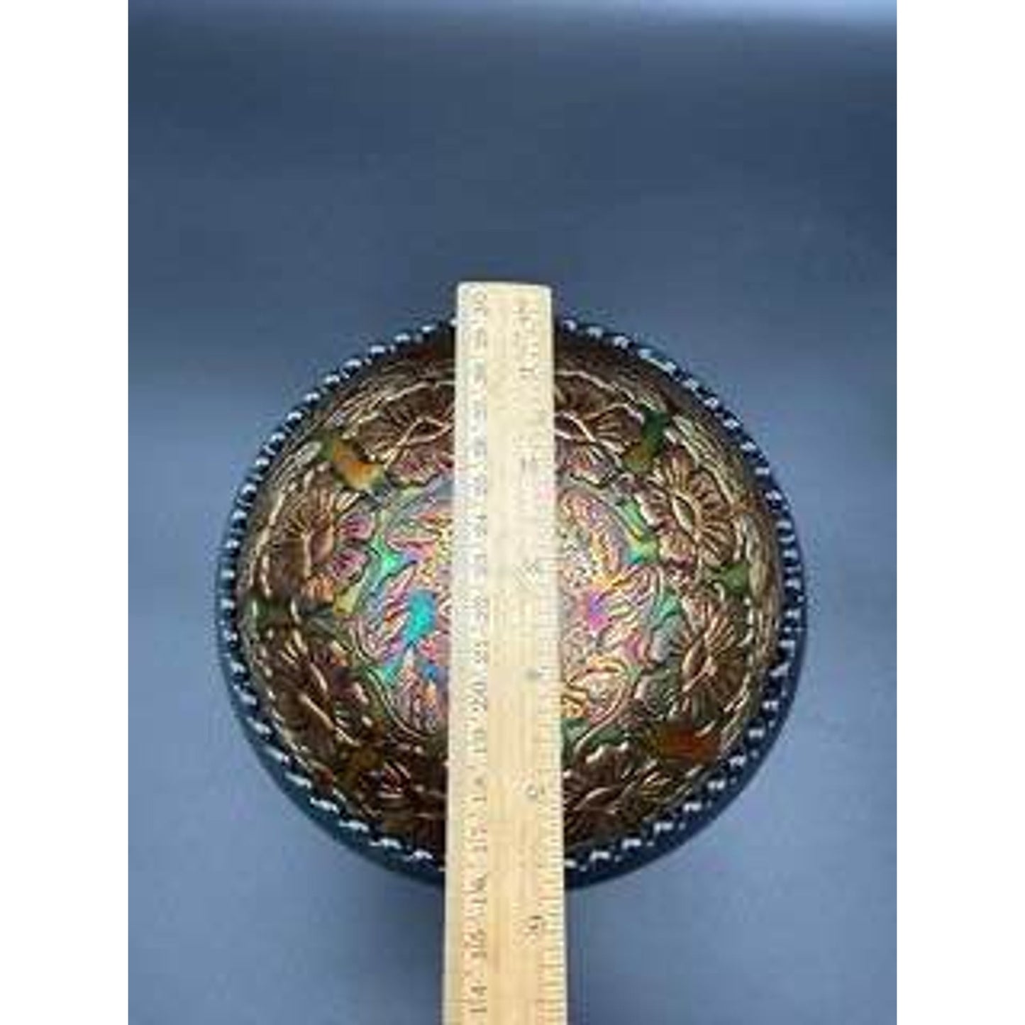Fenton Carnival Blue Glass Two Flower Three Footed Iridescent Bowl