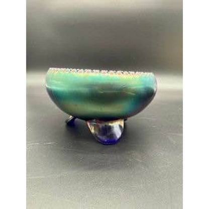 Fenton Carnival Blue Glass Two Flower Three Footed Iridescent Bowl