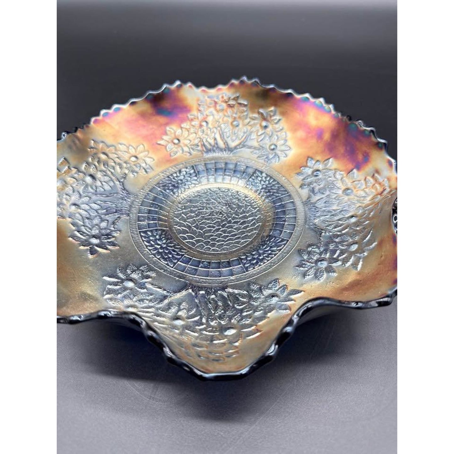Fenton Orange Tree Pattern Blue Carnival Glass Bowl