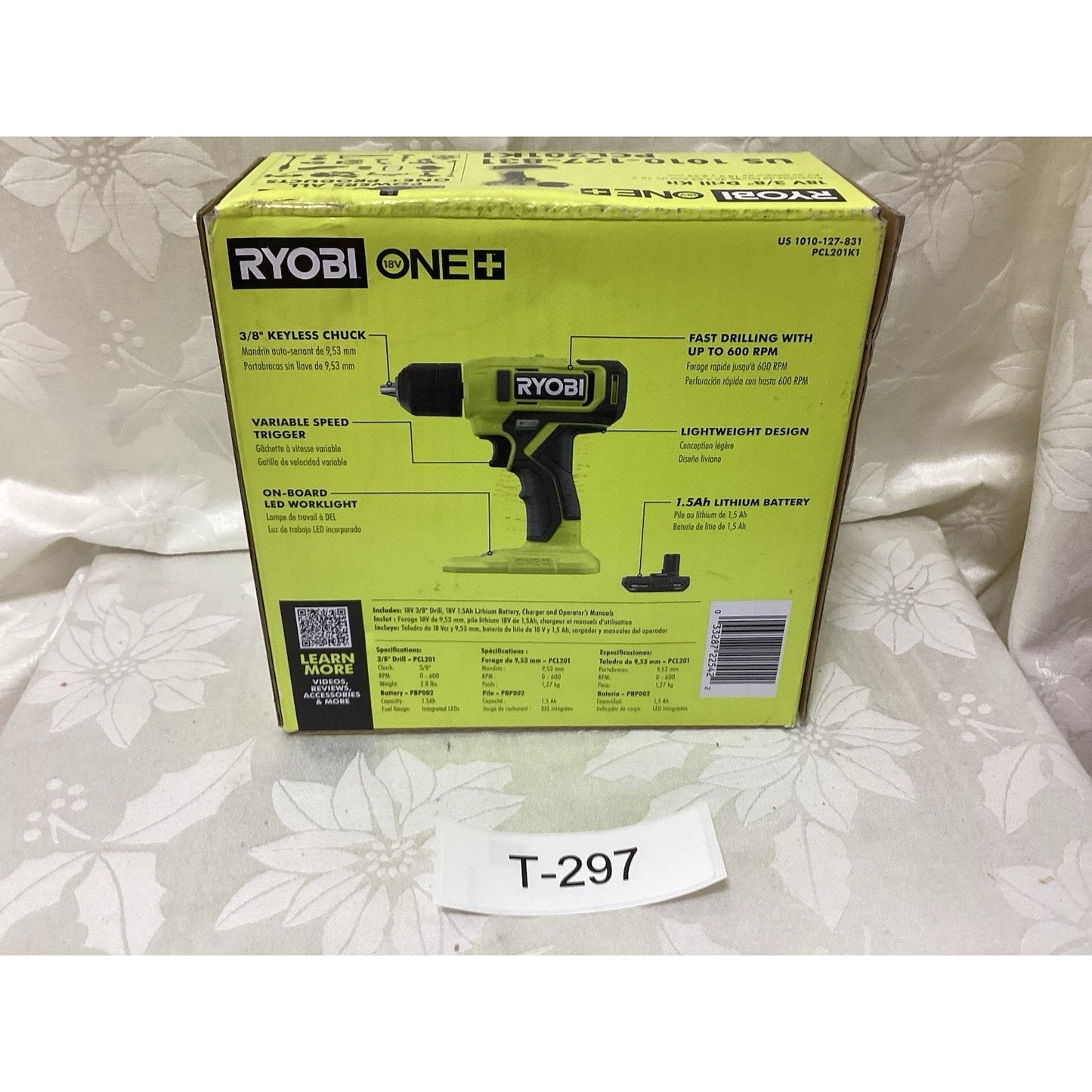 Ryobi ONE+ 18V Cordless Drill Kit PCL201K1 Green Black Keyless 3/8" T-297