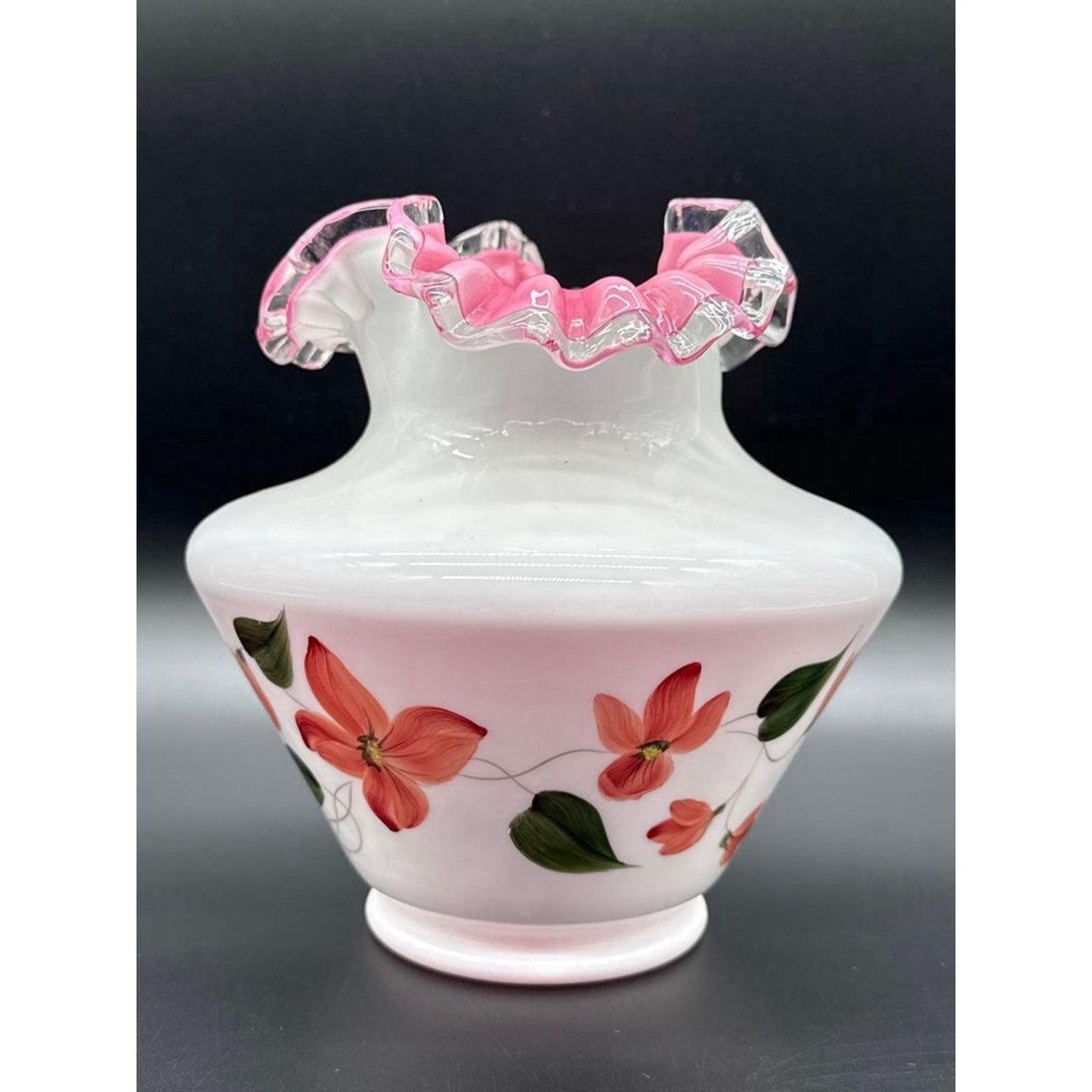 Art Glass Vase White Pink Ruffled Rim Hand Painted Floral Design Decorative 8in
