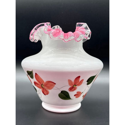 Art Glass Vase White Pink Ruffled Rim Hand Painted Floral Design Decorative 8in