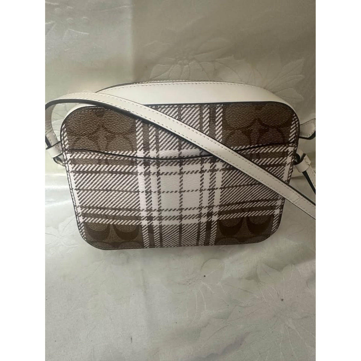 New Coach Plaid Signature C Brown White Crossbody Bag. B-307