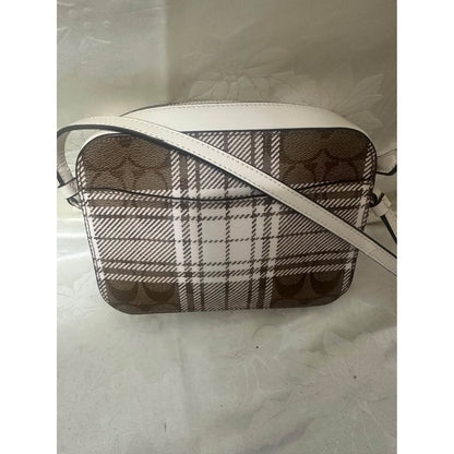 New Coach Plaid Signature C Brown White Crossbody Bag. B-307