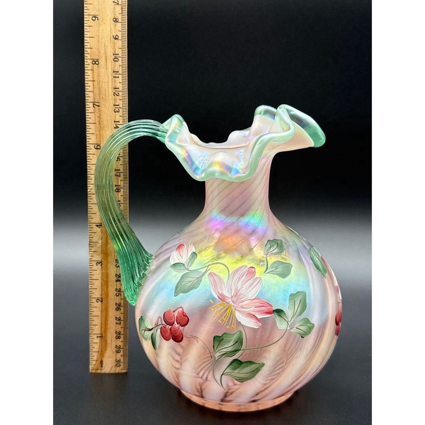 Hand-Painted Iridescent Art Glass Floral Pitcher w/ Handle 8 in Pink/Green