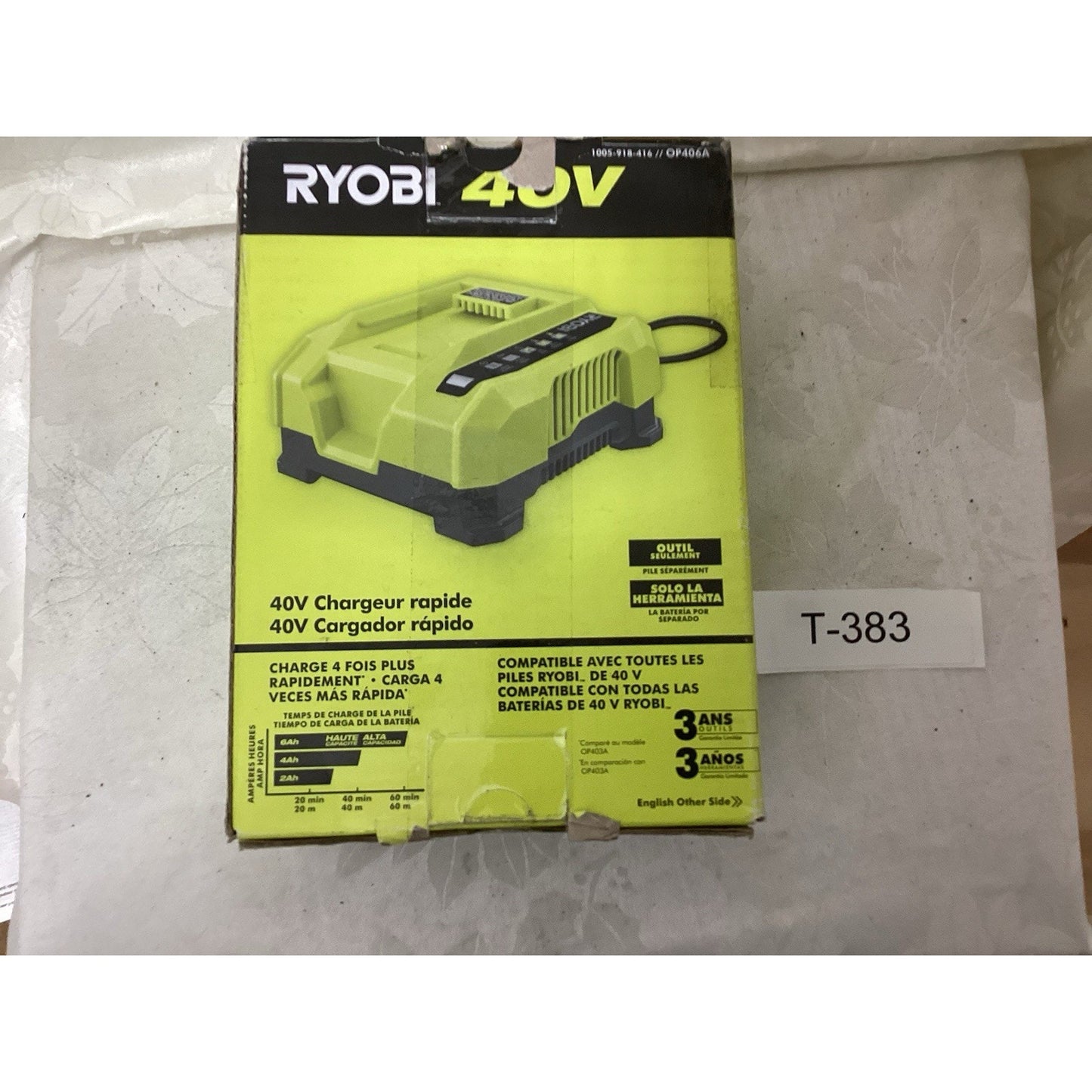 Ryobi 40V OP406A Green Rapid Power Tool Battery Charger, Tool Only T383