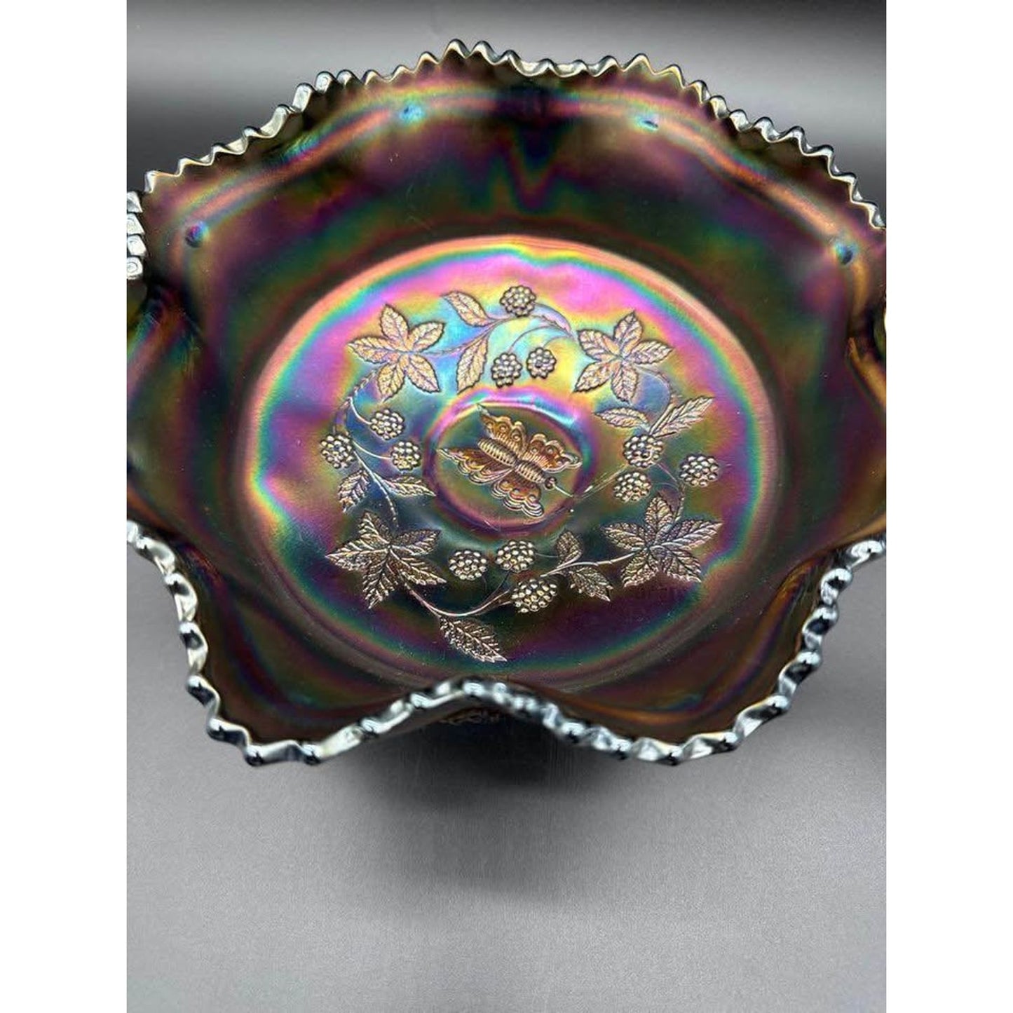 Fenton Blue Carnival Glass Butterfly And Berry Footed Bowl