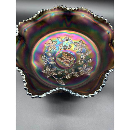 Fenton Blue Carnival Glass Butterfly And Berry Footed Bowl