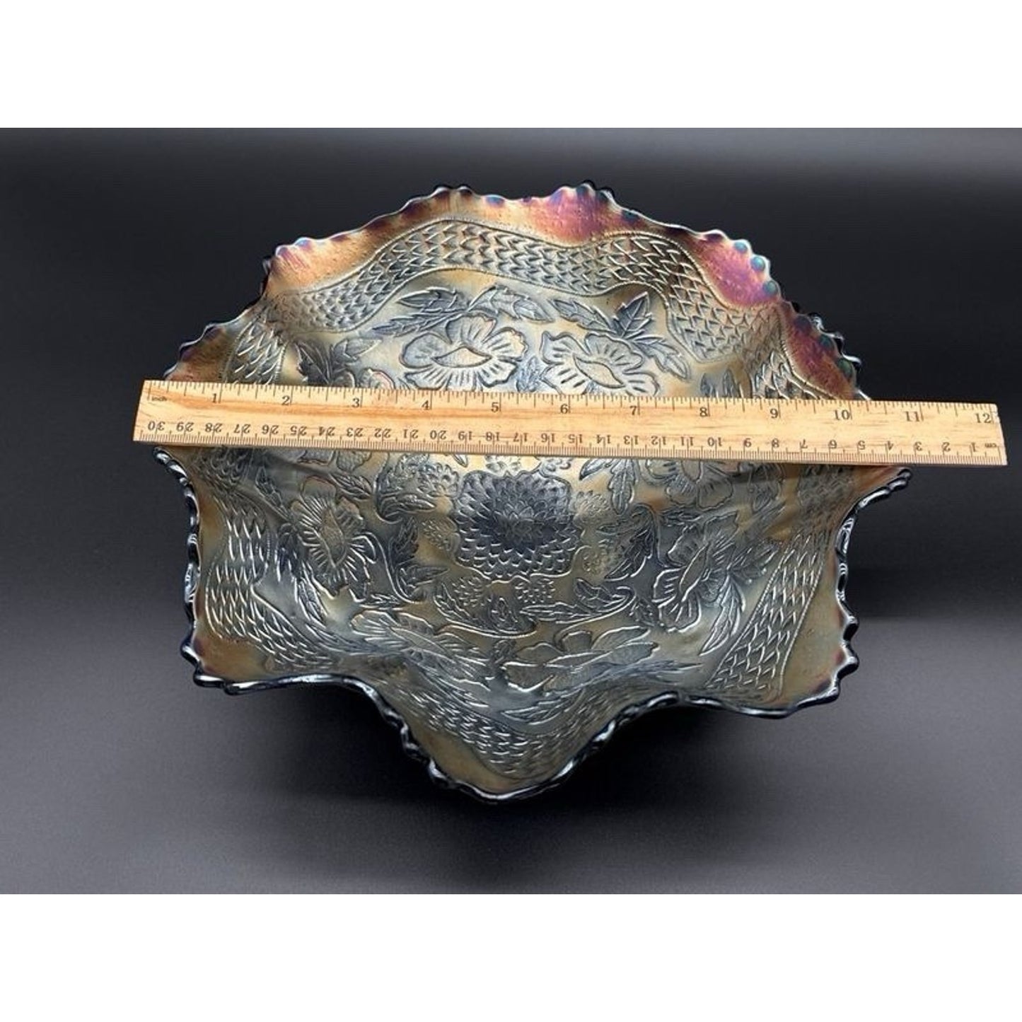 Iridescent Carnival Glass Floral Ruffled Rim Round Decorative Bowl 11 in