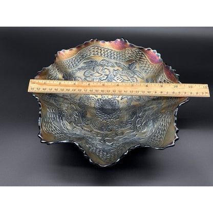 Iridescent Carnival Glass Floral Ruffled Rim Round Decorative Bowl 11 in