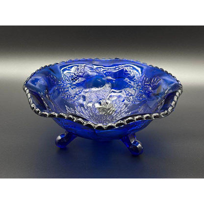 Vintage Fenton Cobalt Blue Stag and Holly 3-Footed Bowl