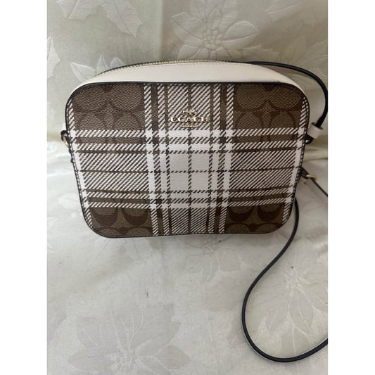 New Coach Plaid Signature C Brown White Crossbody Bag. B-307