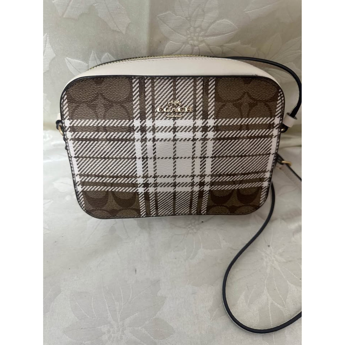 New Coach Plaid Signature C Brown White Crossbody Bag. B-307