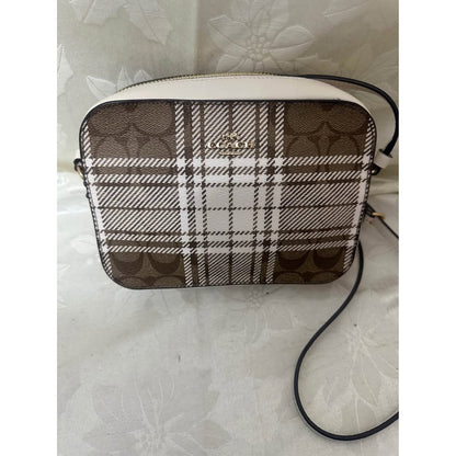 New Coach Plaid Signature C Brown White Crossbody Bag. B-307