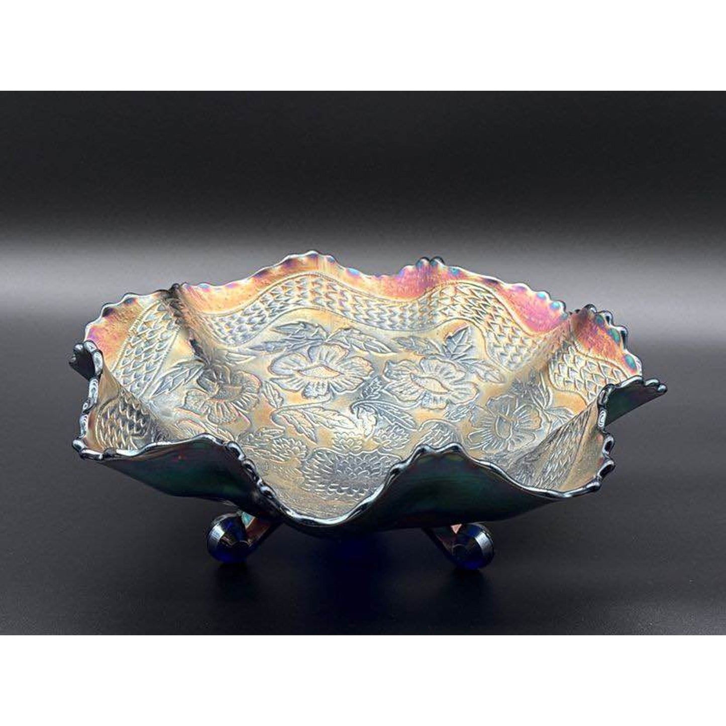 Vintage Fenton Cobalt Carnival 3-Footed Bowl
