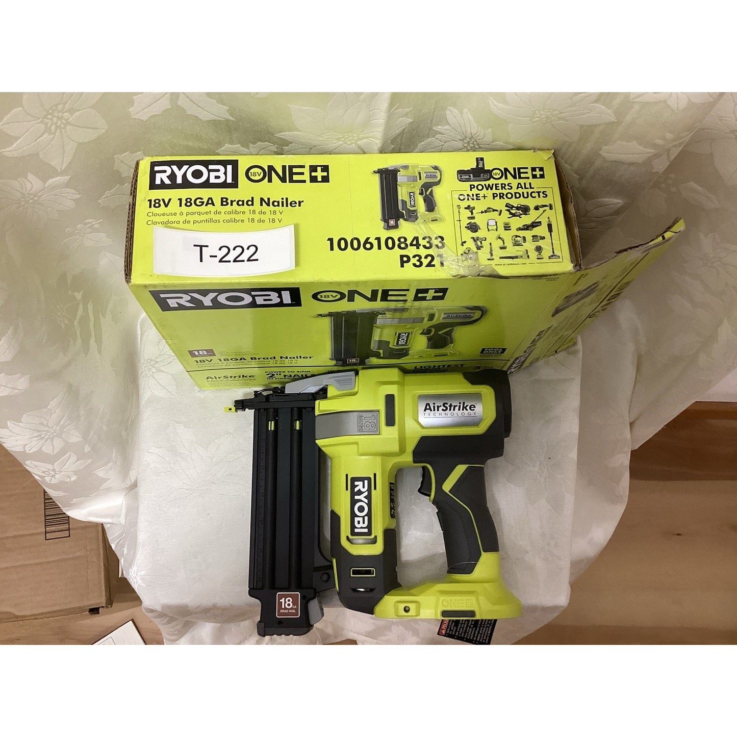 Ryobi 18V 18GA Cordless Brad Nailer Nail Gun P321 AirStrike Technology T-222