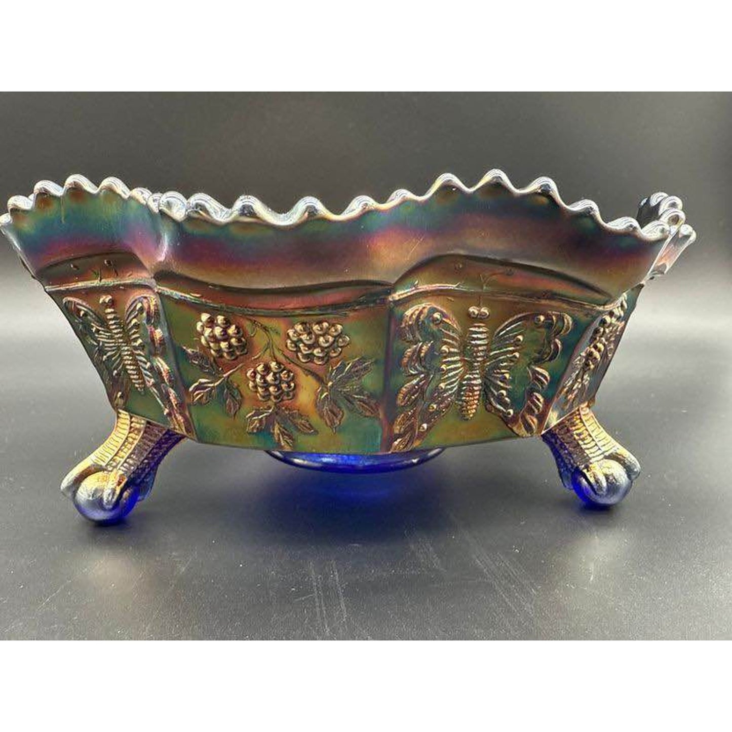 Fenton Blue Carnival Glass Butterfly And Berry Footed Bowl