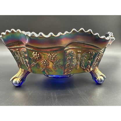 Fenton Blue Carnival Glass Butterfly And Berry Footed Bowl